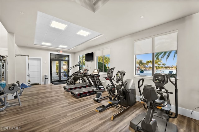 gym with french doors and wood-type flooring