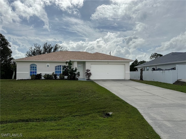 single story home with a garage and a front yard