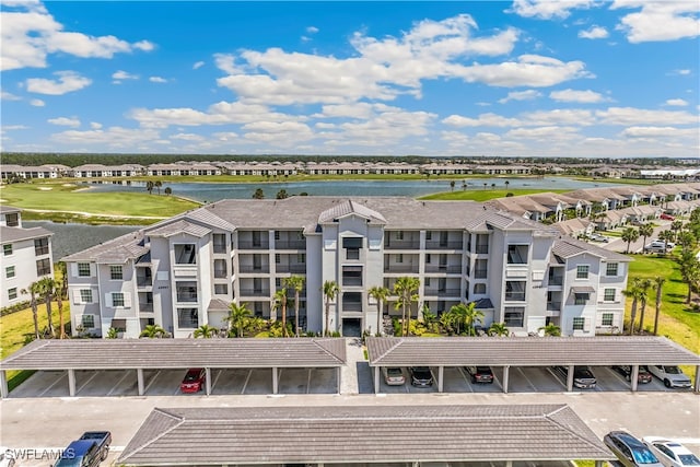 view of building exterior with a water view