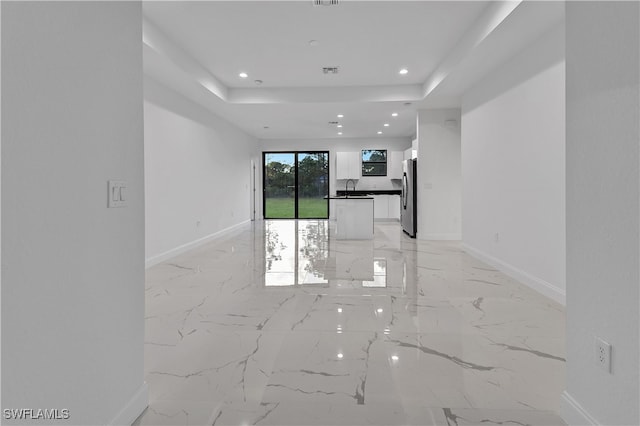 unfurnished living room with a tray ceiling and sink