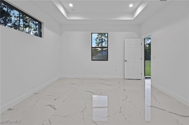 spare room with a raised ceiling