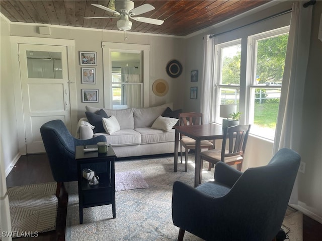 living room featuring ceiling fan, wood ceiling, and crown molding