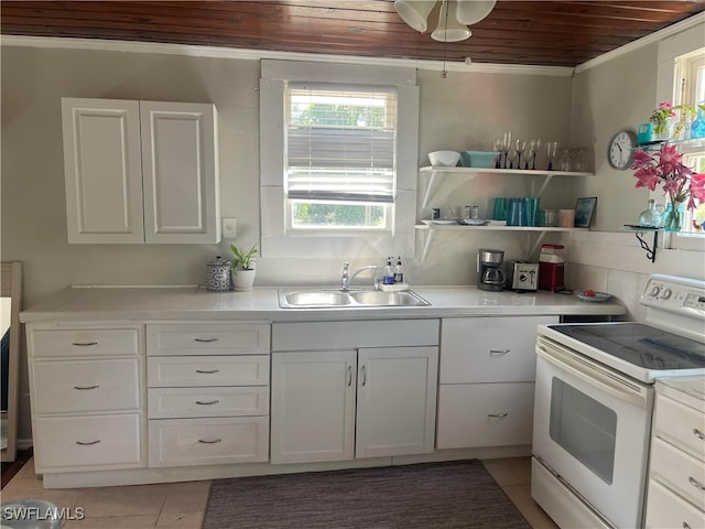 kitchen with white cabinetry, sink, white range with electric cooktop, light tile patterned floors, and wood ceiling