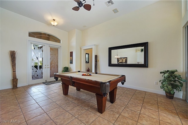 game room featuring billiards, french doors, and light tile patterned flooring