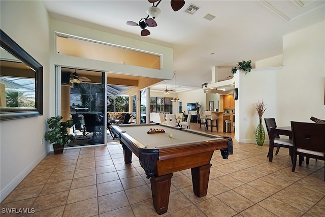 playroom with ceiling fan, light tile patterned floors, and pool table