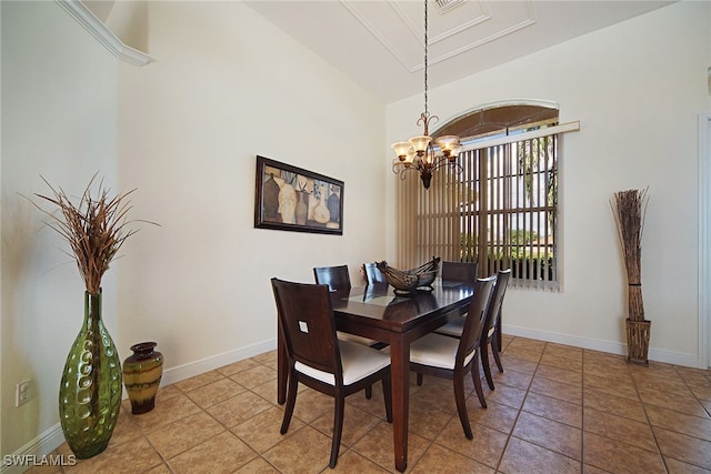 tiled dining space with a notable chandelier