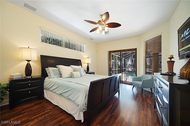 bedroom with ceiling fan, access to exterior, and dark hardwood / wood-style floors