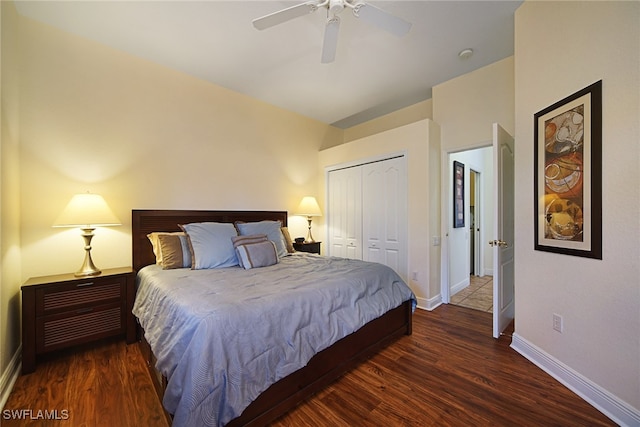 bedroom featuring ceiling fan, a closet, and dark hardwood / wood-style floors