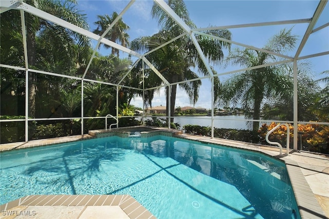 view of swimming pool featuring a water view and glass enclosure