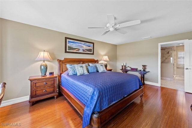 bedroom featuring hardwood / wood-style floors and ceiling fan