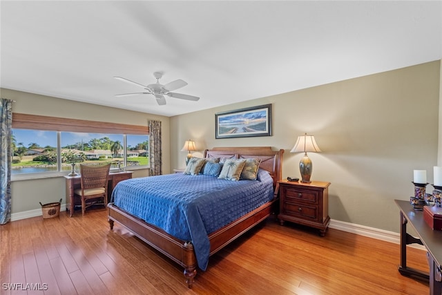 bedroom with ceiling fan and wood-type flooring