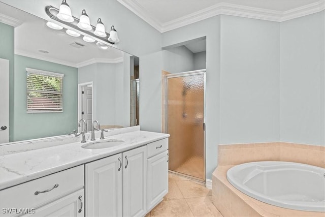 bathroom featuring separate shower and tub, vanity, tile patterned flooring, and crown molding