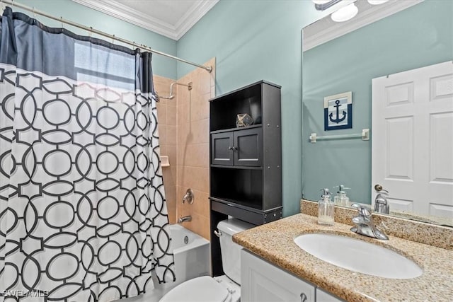 full bathroom featuring toilet, crown molding, vanity, and shower / bath combo with shower curtain