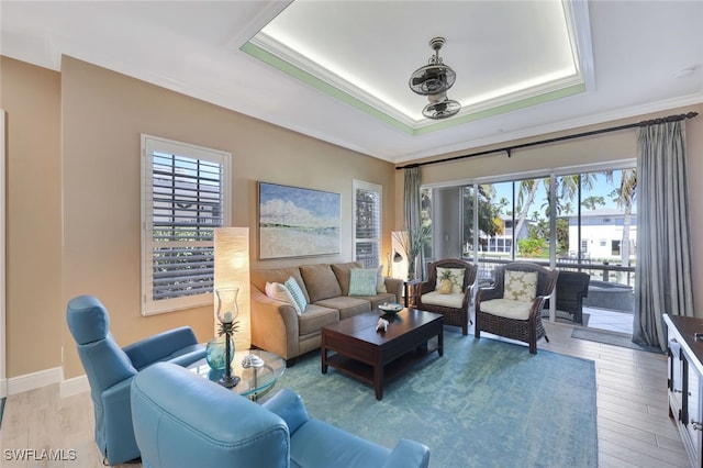 living room with a tray ceiling, crown molding, and hardwood / wood-style floors