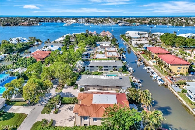 aerial view featuring a water view