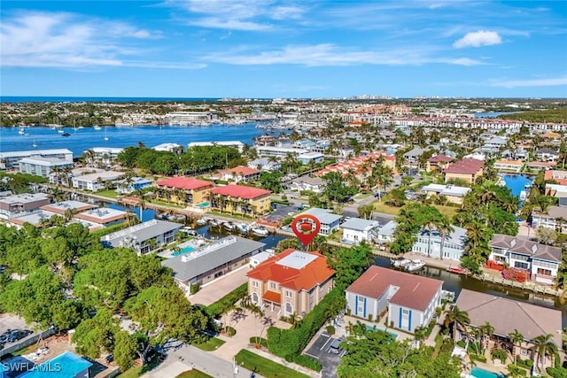 drone / aerial view featuring a water view