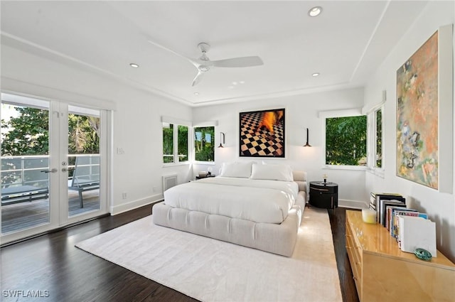 bedroom with baseboards, a ceiling fan, wood finished floors, access to exterior, and recessed lighting