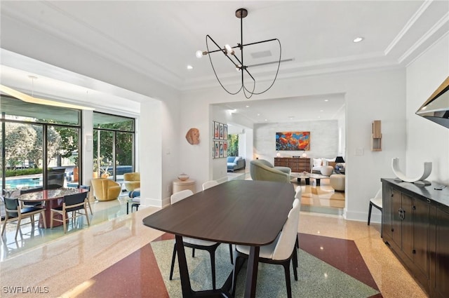 dining room featuring light speckled floor, recessed lighting, and baseboards