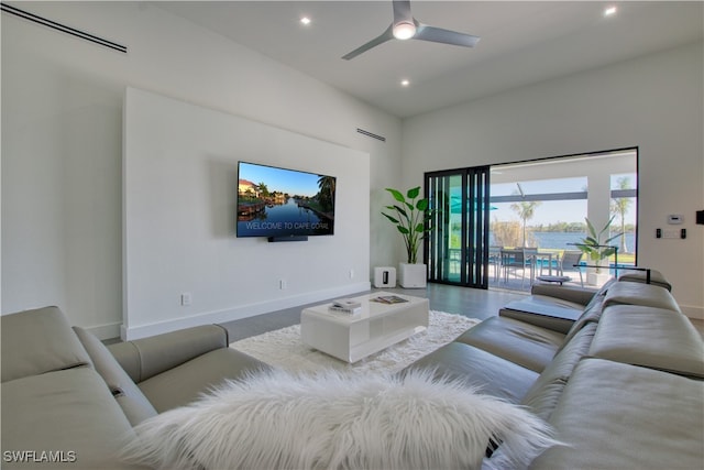 living room featuring ceiling fan