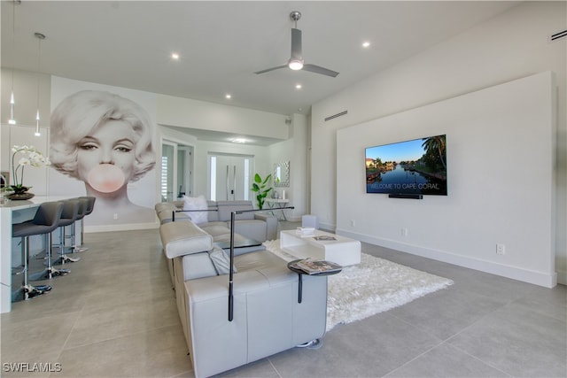 living room with ceiling fan