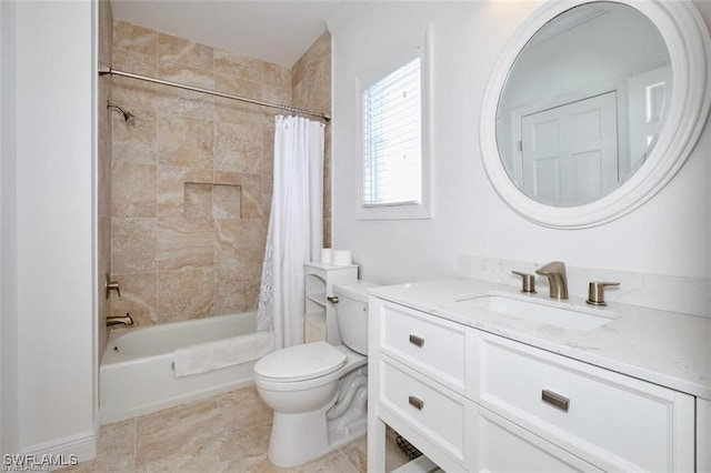 full bathroom featuring shower / tub combo, vanity, toilet, and tile patterned floors