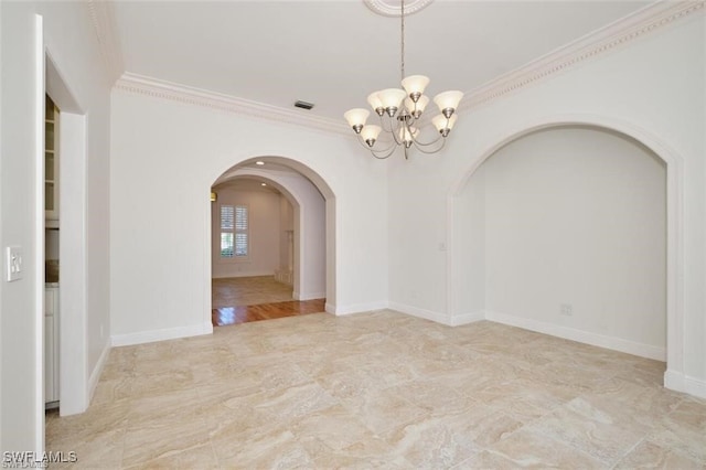 unfurnished room with a chandelier and crown molding