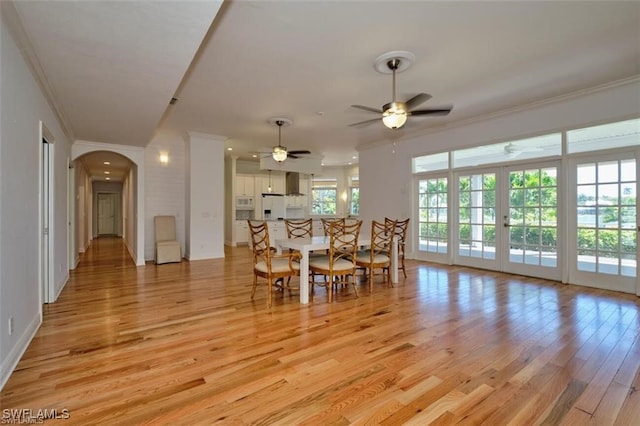 dining area with light wood-type flooring, a wealth of natural light, and ceiling fan