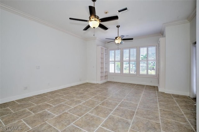 tiled empty room featuring ceiling fan and crown molding