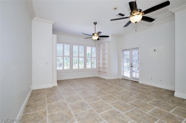 empty room featuring a wealth of natural light, french doors, ceiling fan, and ornamental molding