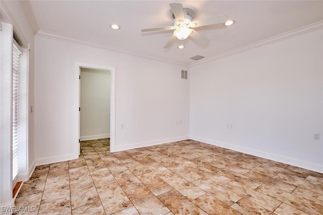 spare room with ceiling fan and ornamental molding