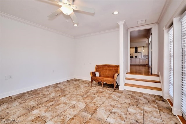 sitting room featuring ceiling fan and ornamental molding