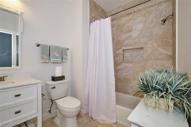 full bathroom with tile patterned flooring, vanity, toilet, and shower / tub combo with curtain