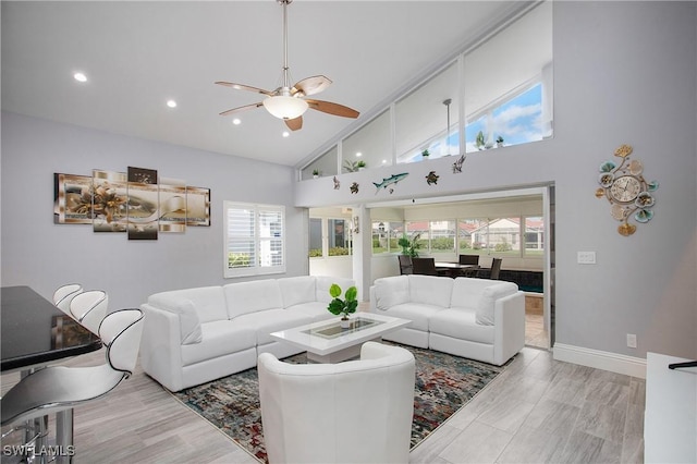159 Lady Palm Dr, Naples, FL 34104 - living area featuring a ceiling fan, plenty of natural light, high vaulted ceiling, and recessed lighting