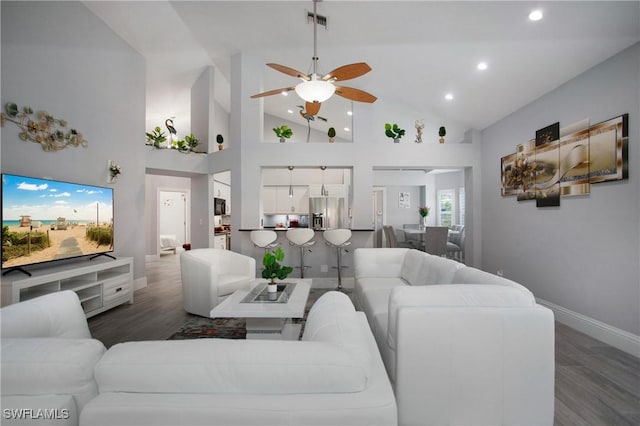 159 Lady Palm Dr, Naples, FL 34104 - living area with a ceiling fan, high vaulted ceiling, recessed lighting, and wood finished floors
