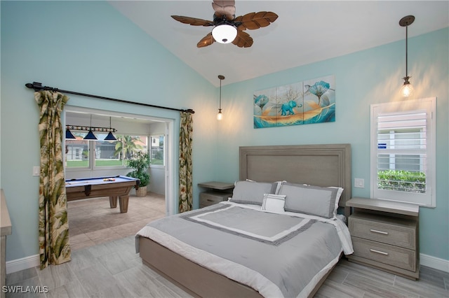 bedroom with multiple windows, ceiling fan, high vaulted ceiling, and pool table