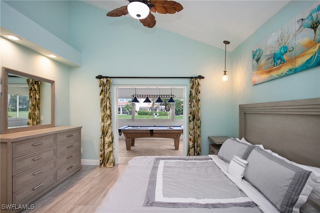 bedroom featuring ceiling fan, billiards, and vaulted ceiling