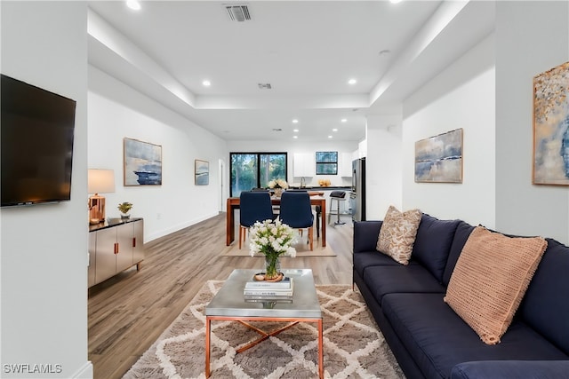 living room featuring light hardwood / wood-style floors and a raised ceiling