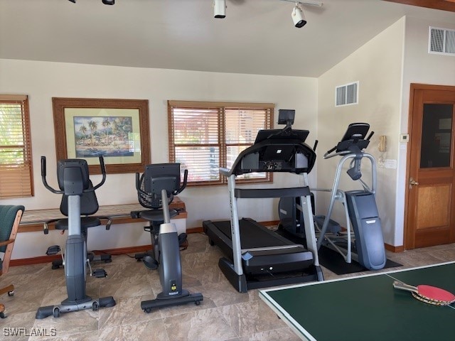 13358 Queen Palm Run, North Fort Myers, FL 33903 - exercise room featuring plenty of natural light, visible vents, and lofted ceiling