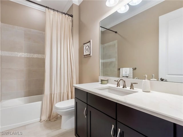 full bathroom featuring toilet, vanity, shower / tub combo with curtain, and ornamental molding