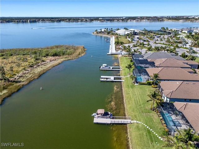 aerial view featuring a water view