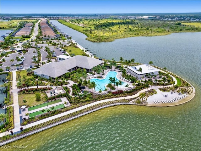 birds eye view of property featuring a water view