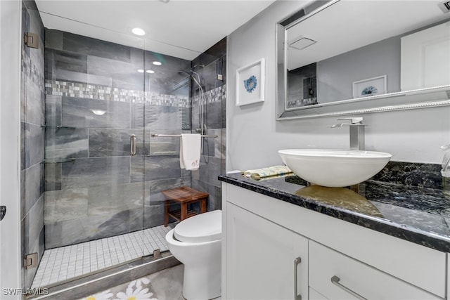 bathroom featuring vanity, toilet, and a shower with shower door