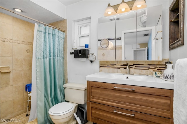 bathroom with walk in shower, tile patterned flooring, backsplash, toilet, and vanity