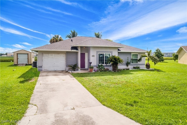 single story home with a front lawn and a garage