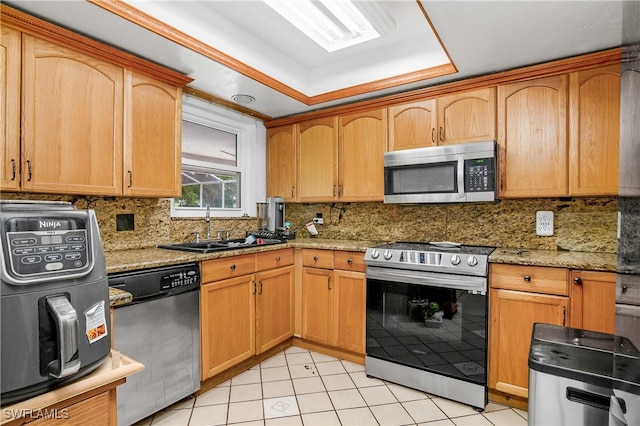 kitchen with appliances with stainless steel finishes, a tray ceiling, light stone counters, and sink