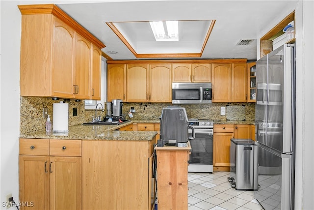 kitchen featuring kitchen peninsula, stainless steel appliances, light stone counters, and sink