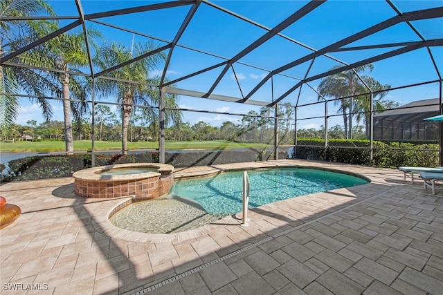 view of swimming pool with glass enclosure, an in ground hot tub, and a patio area