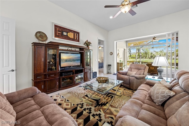 living room featuring ceiling fan