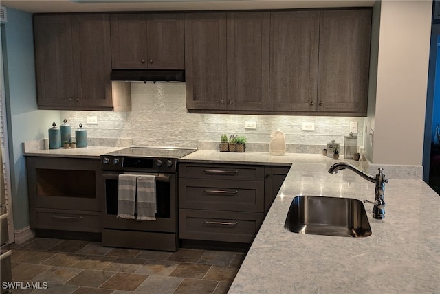 kitchen featuring tasteful backsplash, dark brown cabinetry, exhaust hood, sink, and stainless steel electric range