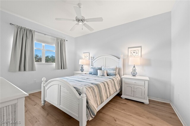 bedroom with ceiling fan and light wood-type flooring